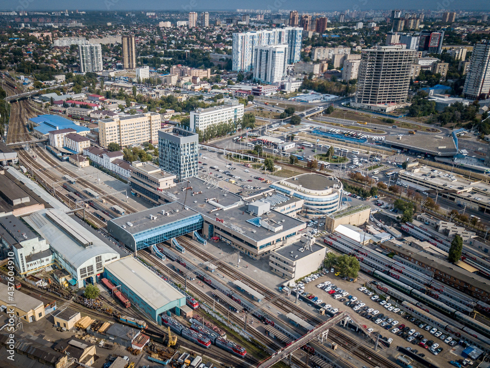 Aerial panorama of Rostov-on-Don city. Russia. Railway station.
