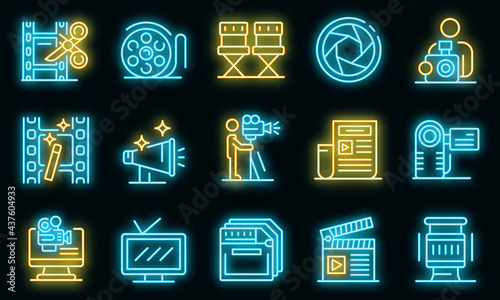 Cameraman icons set. Outline set of cameraman vector icons neon color on black