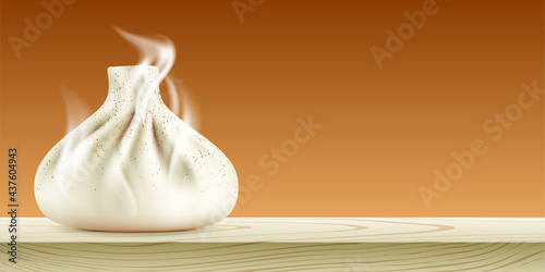 Hot Khinkali with steam, placed on the wooden table. Georgian dumpling vector banner with copy space.