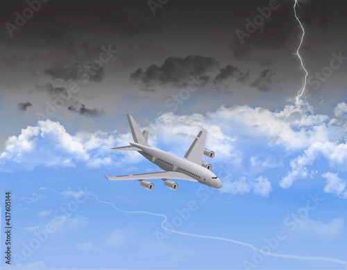 An airliner jet is seen from above as a lightning storm approaches in the background. This is a 3-d illustration.