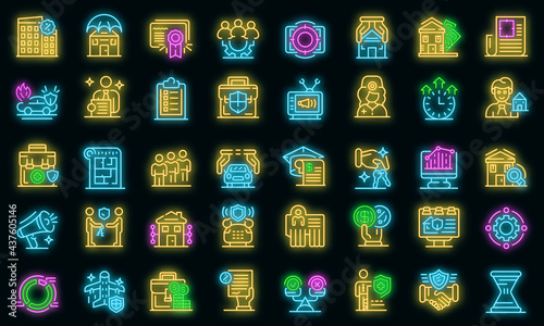 Advertising agent icons set. Outline set of Advertising agent vector icons neon color on black