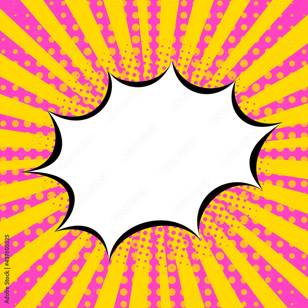 Obraz premium Dialog window. Pop art style. Background with rays, halftones and dots. Cloud for text. Retro comic. 