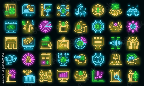 Account manager icons set. Outline set of account manager vector icons neon color on black