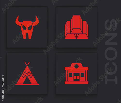 Set Wild west saloon, Buffalo skull, Gold bars and Indian teepee or wigwam icon. Vector