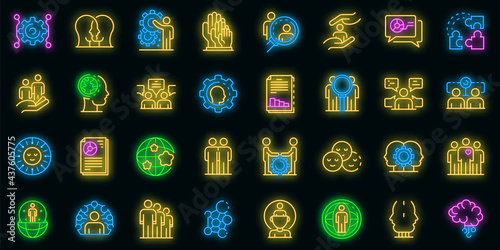 Sociology icons set. Outline set of sociology vector icons neon color on black