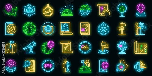 Cartographer icons set. Outline set of cartographer vector icons neon color on black