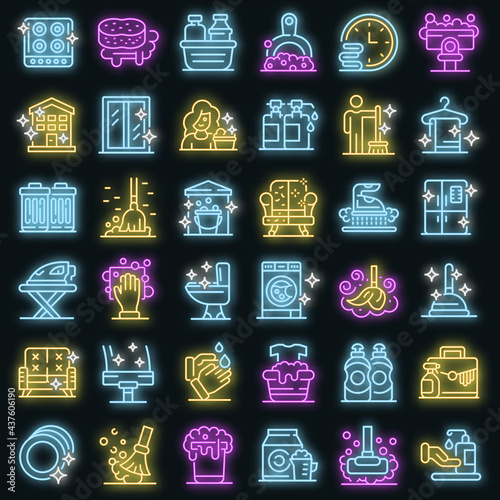 Cleaning services icons set. Outline set of cleaning services vector icons neon color on black