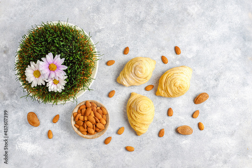 Traditional Azerbaijan holiday Novruz sweet badambura with almond. photo