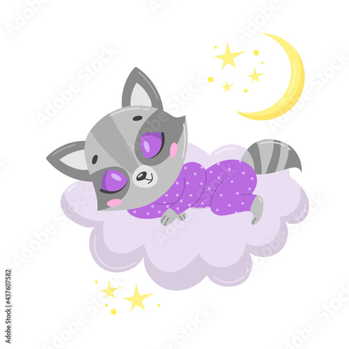 Vector illustration of a cute cartoon raccoon sleeping on a cloud. Baby animals are sleeping.