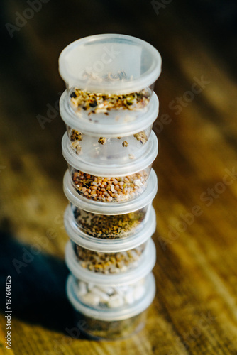 Vegetable seeds before planting in small boxes.