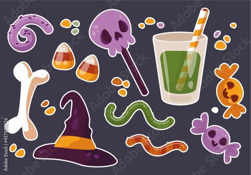 Spooky sweets for Halloween. Jelly worms, lollipop and other sweet or nasty collection. Vector illustration in cartoon children s style. Isolated funny clipart on black background