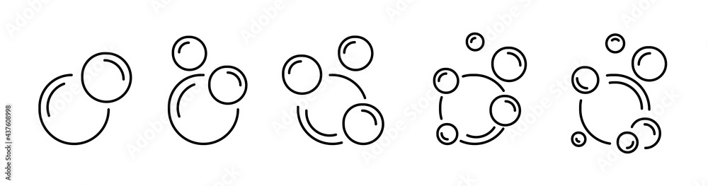 Bubbles flat line icon collection. Soap foam, fizzy drink symbol sign. Outline simple water bubble pictogram isolated on white background. Vector Illustration. Bubbles flat line icon collection. Soap foam, fizzy drink symbol sign. Outline simple water bubble pictogram isolated on white background. Vector Illustration.