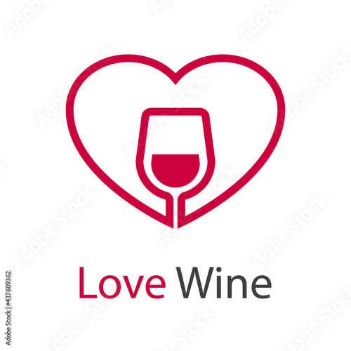 Logotipo con texto Love Wine con copa de vino con forma de corazón con lineas en color granate