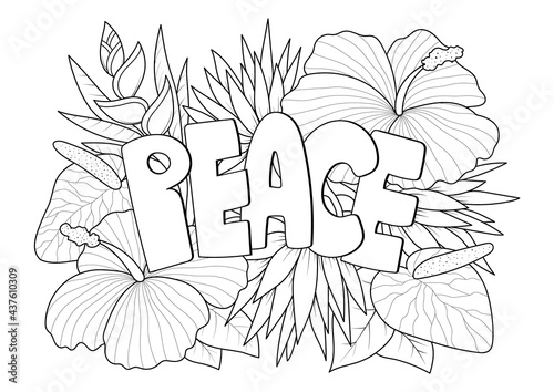 Peace word with floral pattern antistress coloring page for adult in doodle sketch style, isolated vector illustration