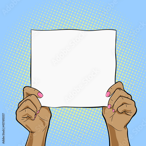 African american female hands holding a white square paper vector illustration in pop art retro style
