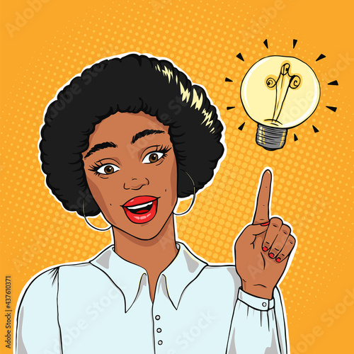 African american excited businesswoman pointing on lightning bulb, idea concept vector illustration in pop art style
