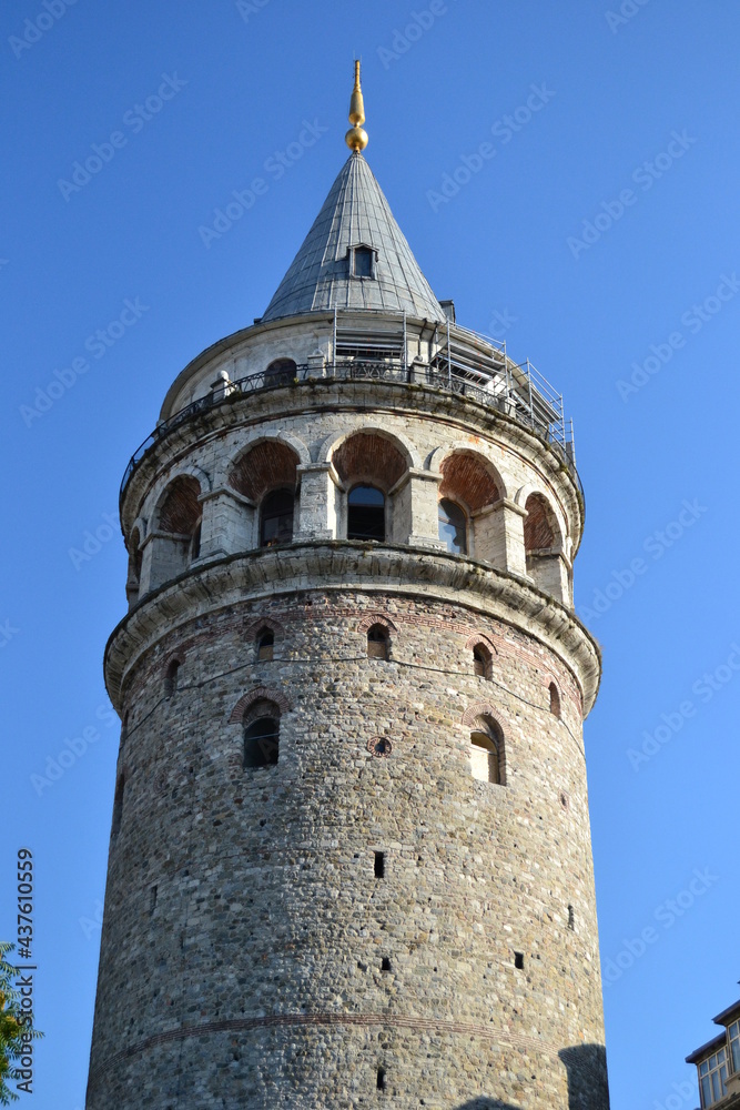 Galata tower under clear blue sky in Istanbul,Turkey.