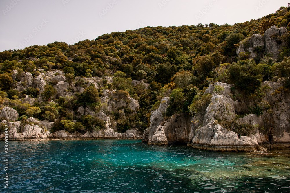 beautiful rocky island with green trees and bushes growing on it at Mediterranean sea.