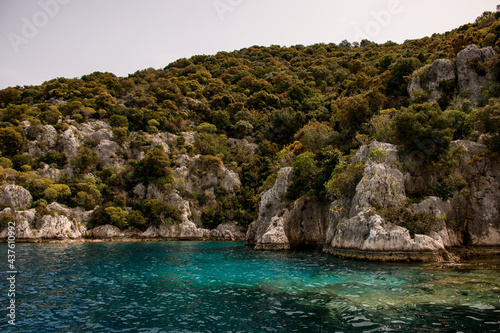 beautiful rocky island with green trees and bushes growing on it at Mediterranean sea.