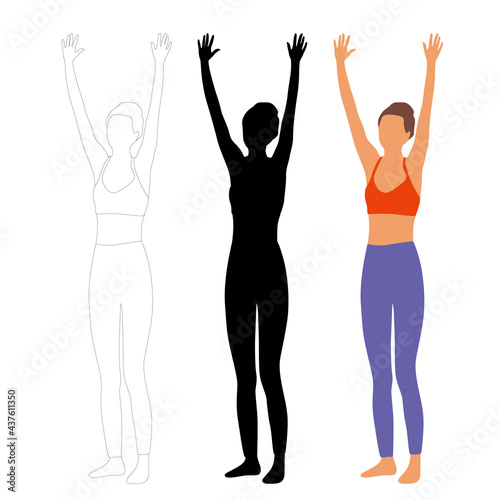 A woman doing fitness, hands up, silhouette, sketch and cartoon style design in different colors, vector illustration, isolated on a white background