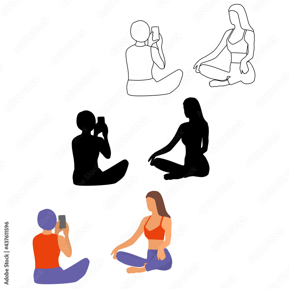 Woman sitting in yoga lotus pose, meditation, photo shoot, silhouette, sketch and cartoon style design in different colors, vector illustration, isolated on white Woman sitting in yoga lotus pose, meditation, photo shoot, silhouette, sketch and cartoon style design in different colors, vector illustration, isolated on white