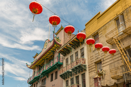 Red Lanterns Strung Across the Street, China Town Architecture, San Francisco, California
