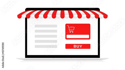 Shopping online store with notebook template. List things with red cart and canopy on screen gadget. Profitable purchases with digital payment and fast vector delivery
