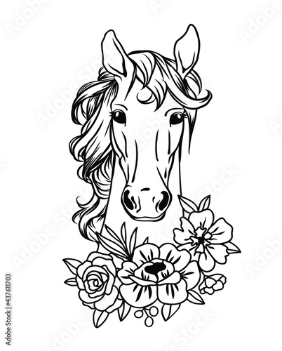 Horse with flowers. Floral horse. Horse head. Vector illustration.