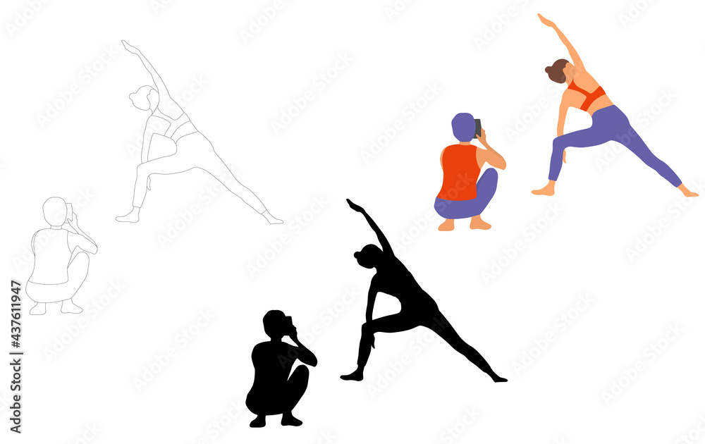 Obraz premium Woman sitting in yoga pose, meditation, photo shoot, silhouette, sketch and cartoon style design in different colors, vector illustration, isolated on white 