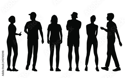 Vector silhouettes of men and a women, a group of standing and walking business people, black color isolated on white background