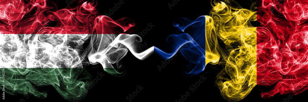 Hungary, Hungarian vs Romania, Romanian smoky flags side by side.
