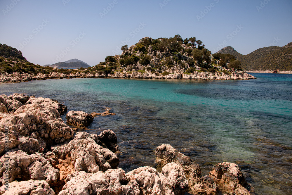 Beautiful seascape with clear water and rocky islands. Aegean sea. Turkey
