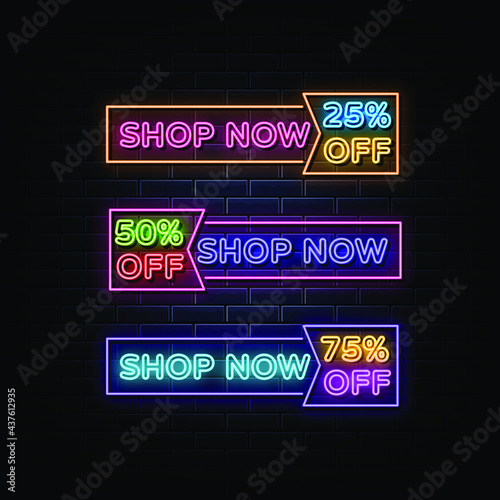 Set labels  shop now neon sign  neon symbol