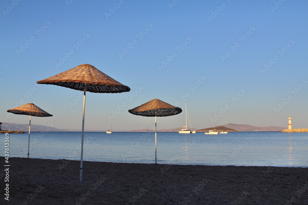 beach umbrellas on the beach. Turgutreis, Bodrum. 