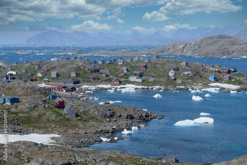 Scenic of Greenland villages and icebergs.
