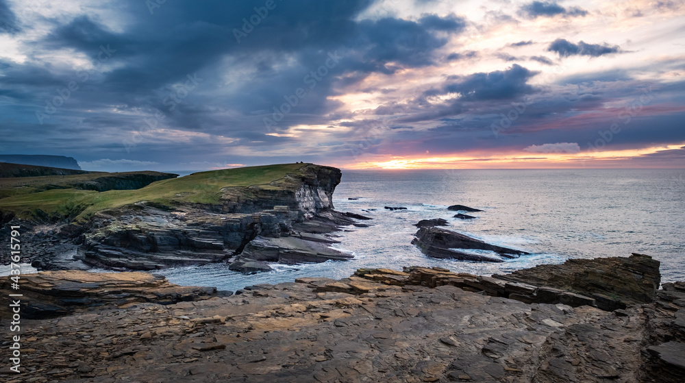 Sunset and cliffs at Yesnaby, Orkney