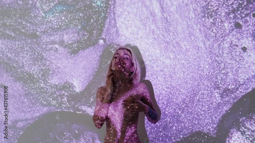 Spiritual energy. Sensual silhouette woman. Healing recovery. Feminine beauty. Tranquility mind. Inspired naked lady double exposure neon light sand glitter flow.