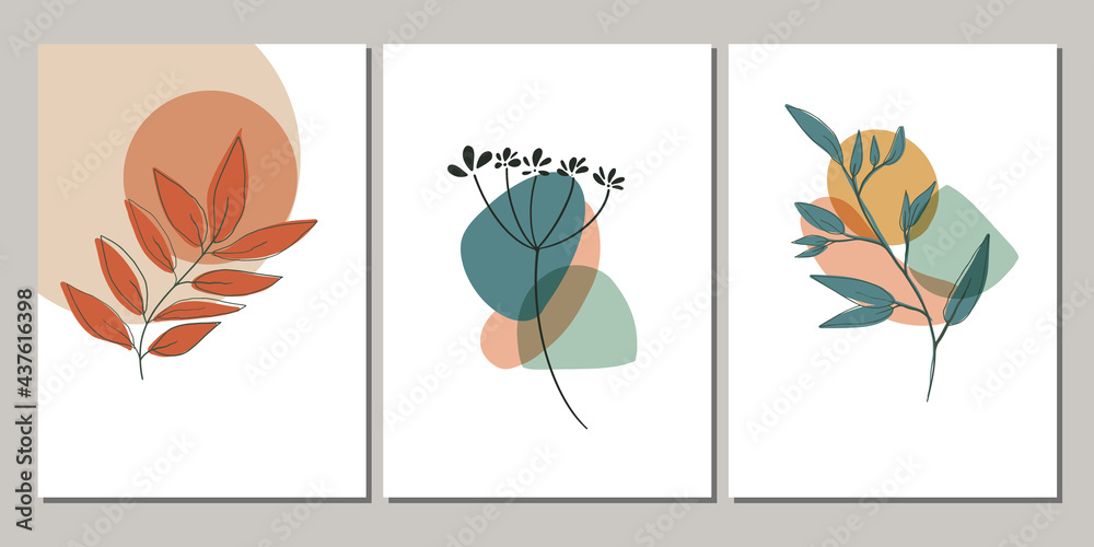 Boho Scandinavian-style minimalist posters set. Vector banners with foliage abstract shapes. Good for wall art or cover print. Boho Scandinavian-style minimalist posters set. Vector banners with foliage abstract shapes. Good for wall art or cover print.