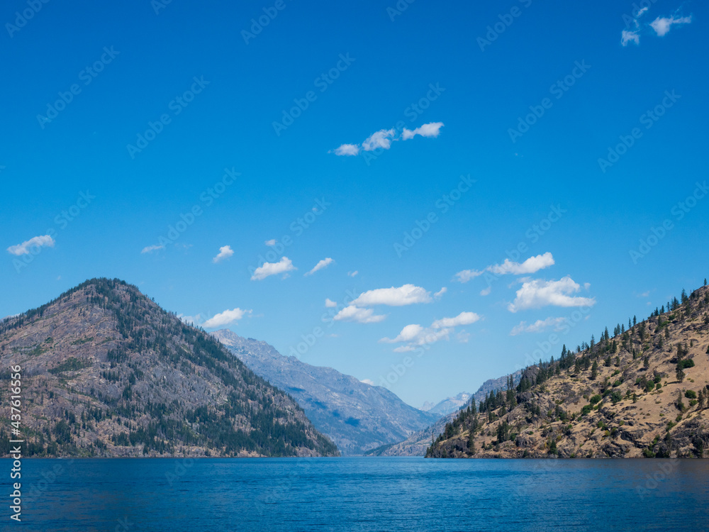 Scenic landscape of the northern end of Lake Chelan on a sunny day - Washington state, USA