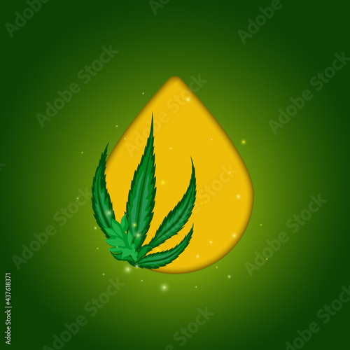 Hemp cbd oil drop with medical marijuana leaf on green background. Treatment with cannabis plant. Herbal alternative medicine concept. Vector illustration.