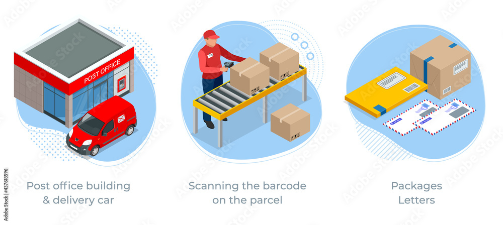 Isometric concept of Post office building delivery car, Scanning the barcode on the parcel and Packages Letters. Post service. Isometric concept of Post office building delivery car, Scanning the barcode on the parcel and Packages Letters. Post service.