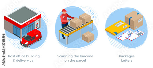 Isometric concept of Post office building delivery car, Scanning the barcode on the parcel and Packages Letters. Post service.