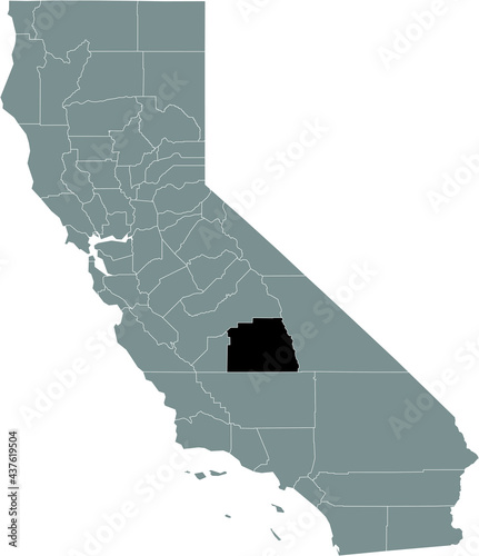 Black highlighted location map of the US Tulare county inside gray map of the Federal State of California, USA