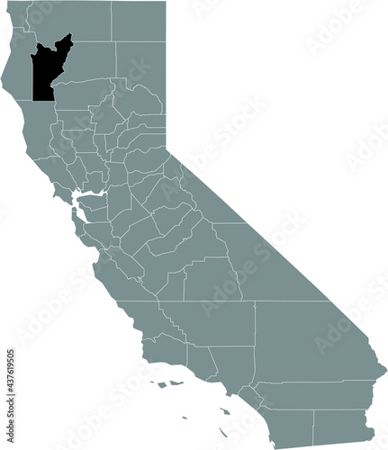 Black highlighted location map of the US Trinity county inside gray map of the Federal State of California, USA