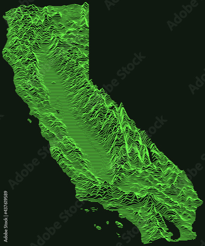 Topographic military radar tactical map of the Federal State of California, USA with emerald green contour lines on dark green background