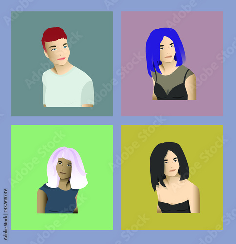 A set of vector portraits of four different girls on colored backgrounds