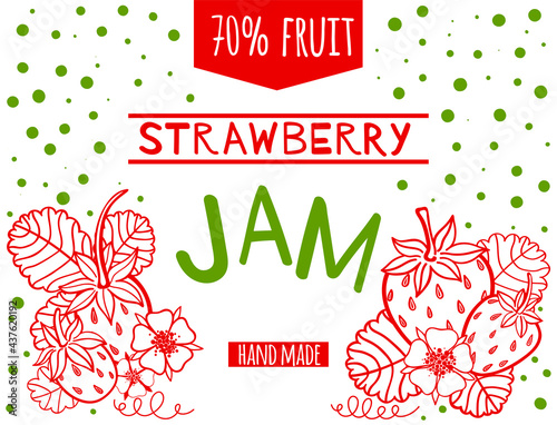 Strawberry jam. Hand drew stock vector label illustration. Retro design template.