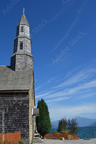 Chilota wooden church, south of Chile, on the shores of the lake near Frutillar and Puerto Varas photo