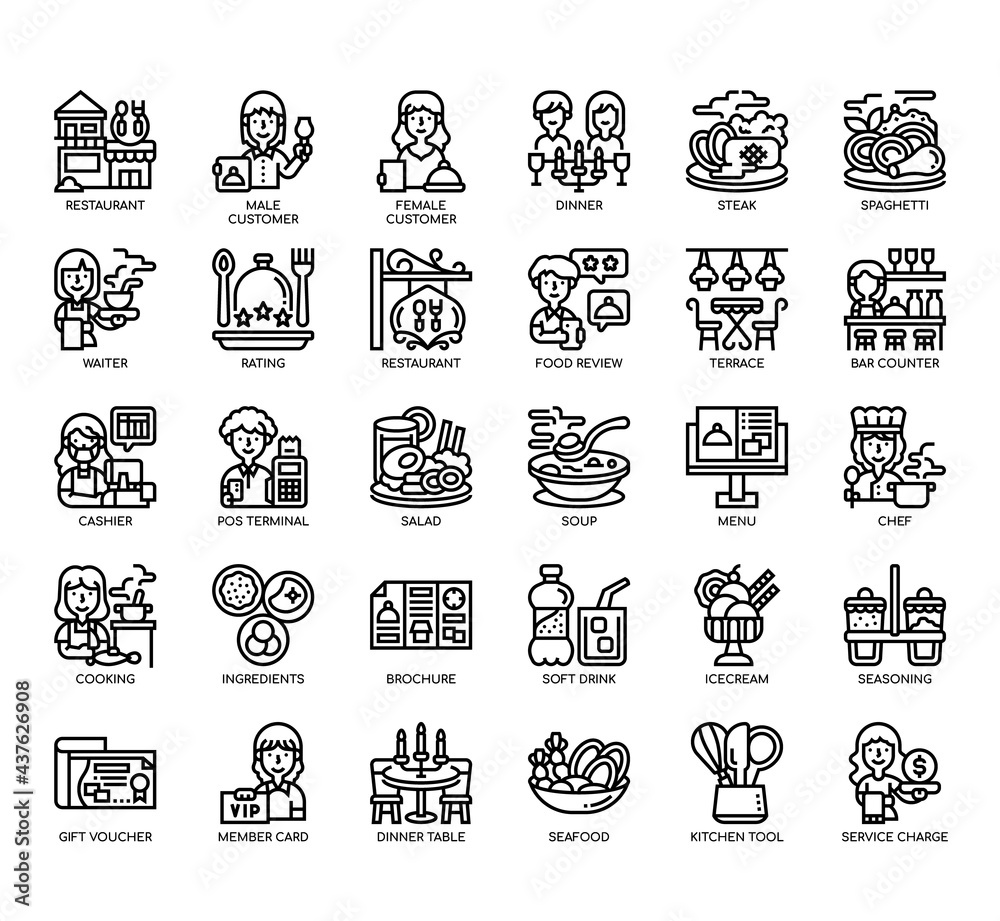 Set of Restaurant thin line and pixel perfect icons for any web and app project.