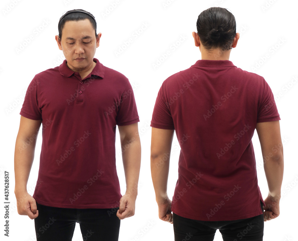 Blank collared shirt mock up template, front and back view, Asian male model wearing plain maroon red t-shirt isolated on white. Polo tee design mockup Blank collared shirt mock up template, front and back view, Asian male model wearing plain maroon red t-shirt isolated on white. Polo tee design mockup